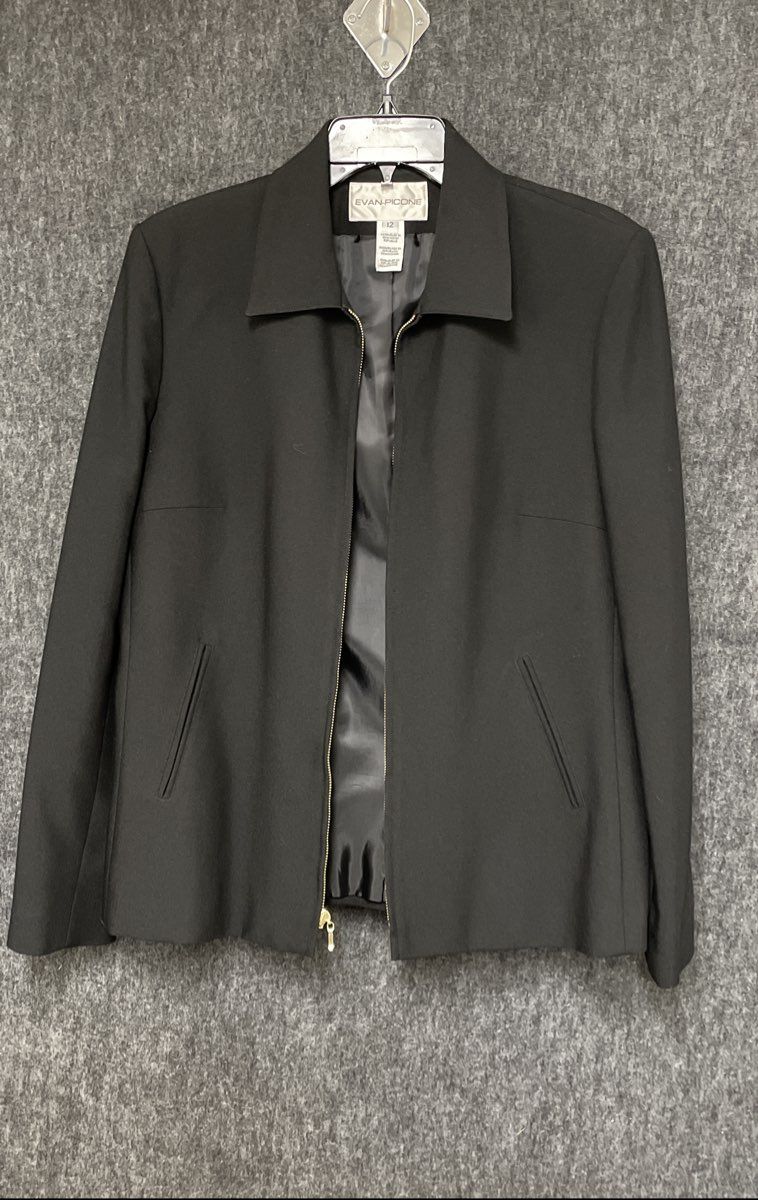 Evan-Picone Women's Black Full Zip Pointed Collar Blazer Jacket Size 12
