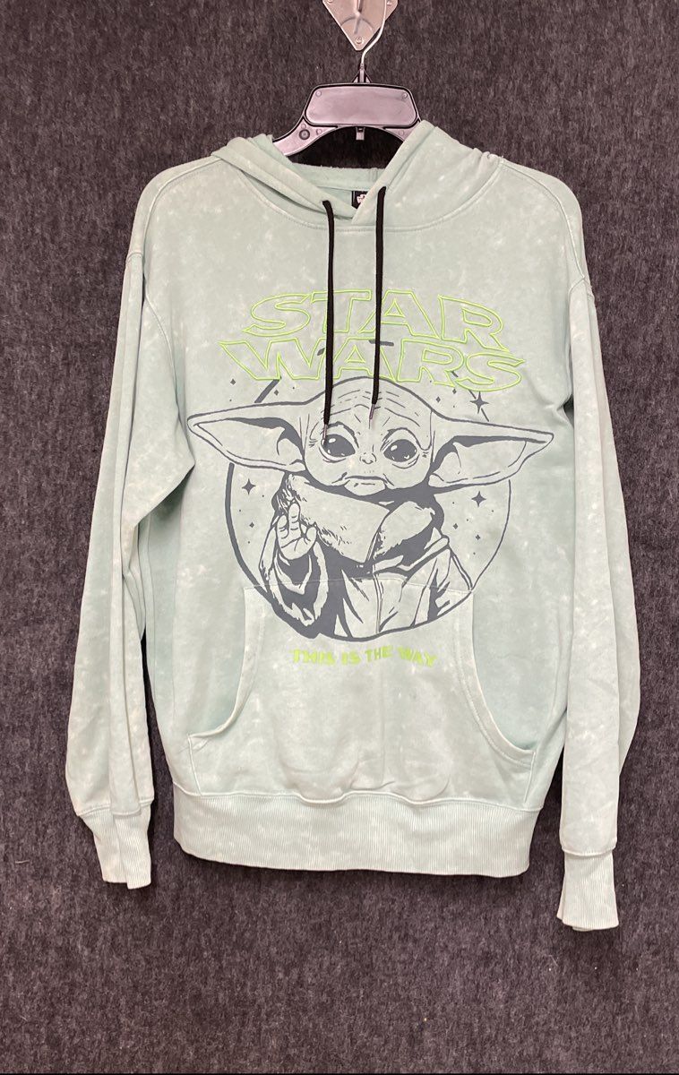 Star Wars Men's Grogu Baby Yoda Mint Green Acid Wash Pullover Hoodie Sz S