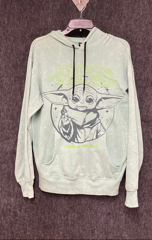 Star Wars Men's Grogu Baby Yoda Mint Green Acid Wash Pullover Hoodie Sz S