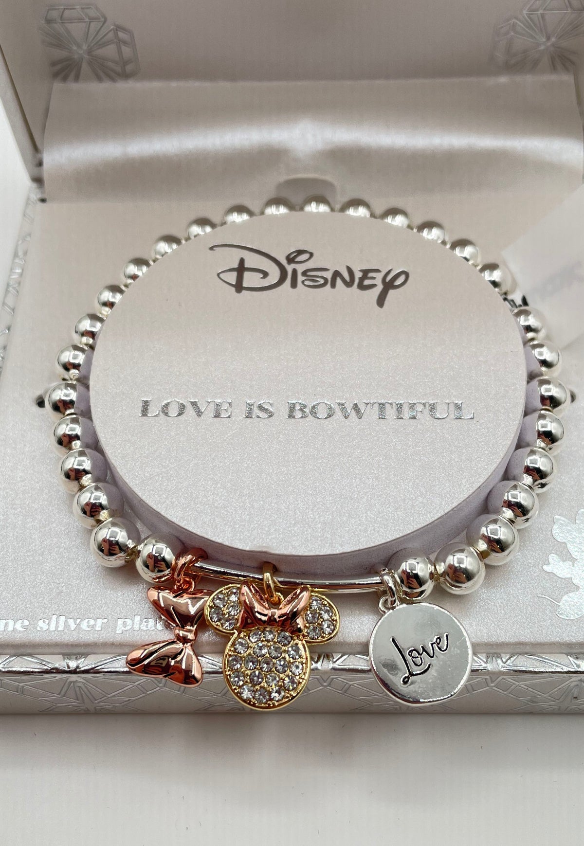 Disney Tri-Tone Minnie Mouse Love Is Bowtiful Charm Bracelet In Box