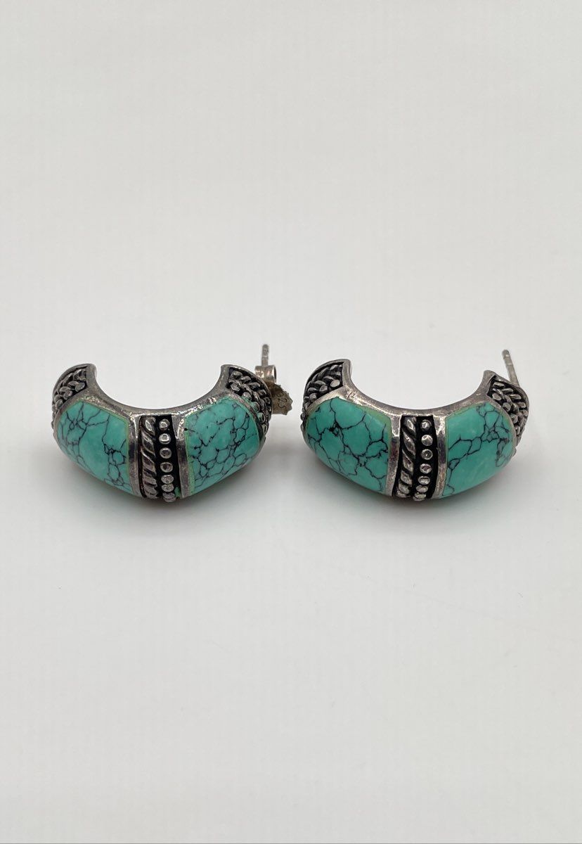 925 Sterling Silver Faux Turquoise Inlay Half-Hoop Earrings 10.5g