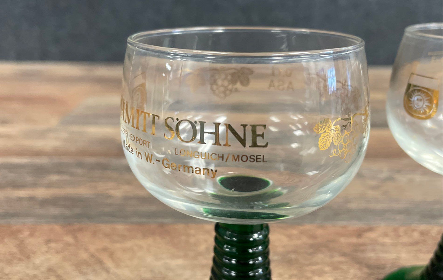 Vintage Schmitt Sohne Green Beehive Stem Roemer Wine Glasses Set of 2