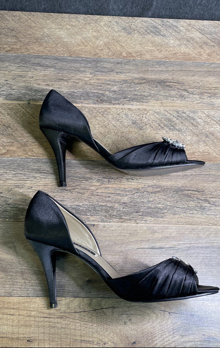 Caparros Black Satin d'Orsay Rhinestone Peep Toe Stiletto Heels Size 10