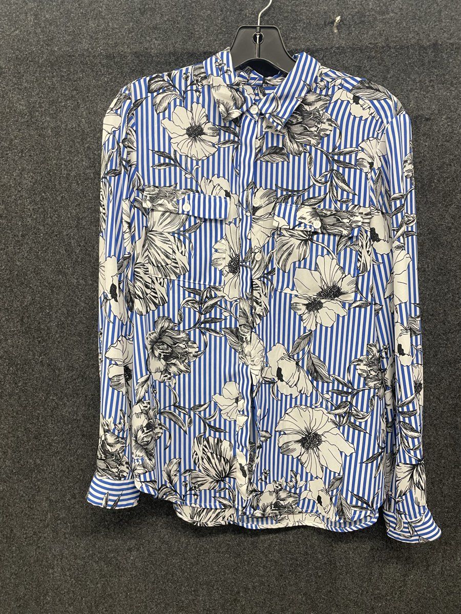 Jones Studio Women's Long Sleeve Shirt Blue White Striped Floral Sz S