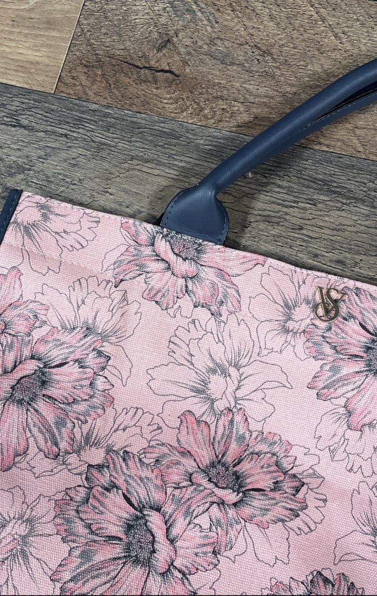 Victoria's Secret Pink Floral Canvas Tote Bag Large Navy Trim NWT