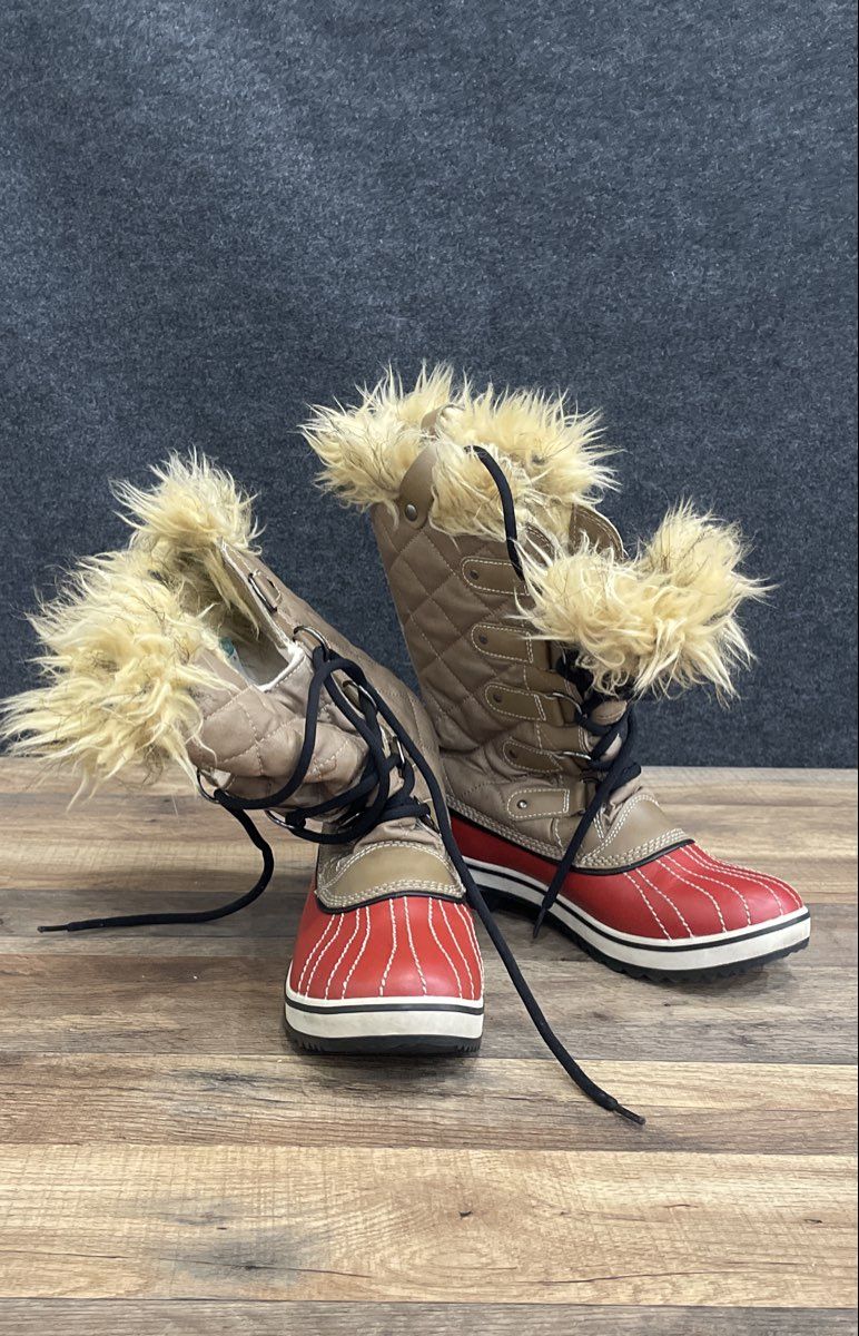 Sorel Tofino Women's Tan Red Quilted Faux Fur Waterproof Winter Boots Size 8