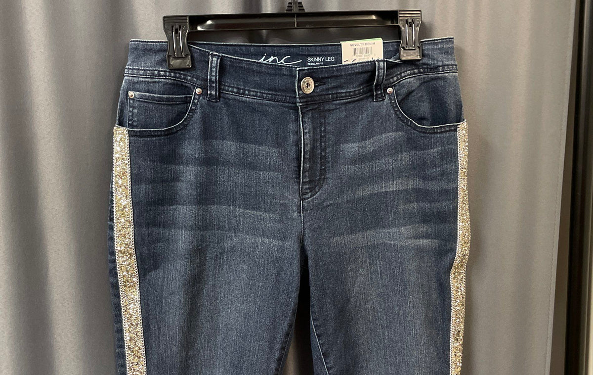 INC Women's Blue Skinny Leg Embellished Side Stripe Mid Rise Jeans Sz 8 NWT