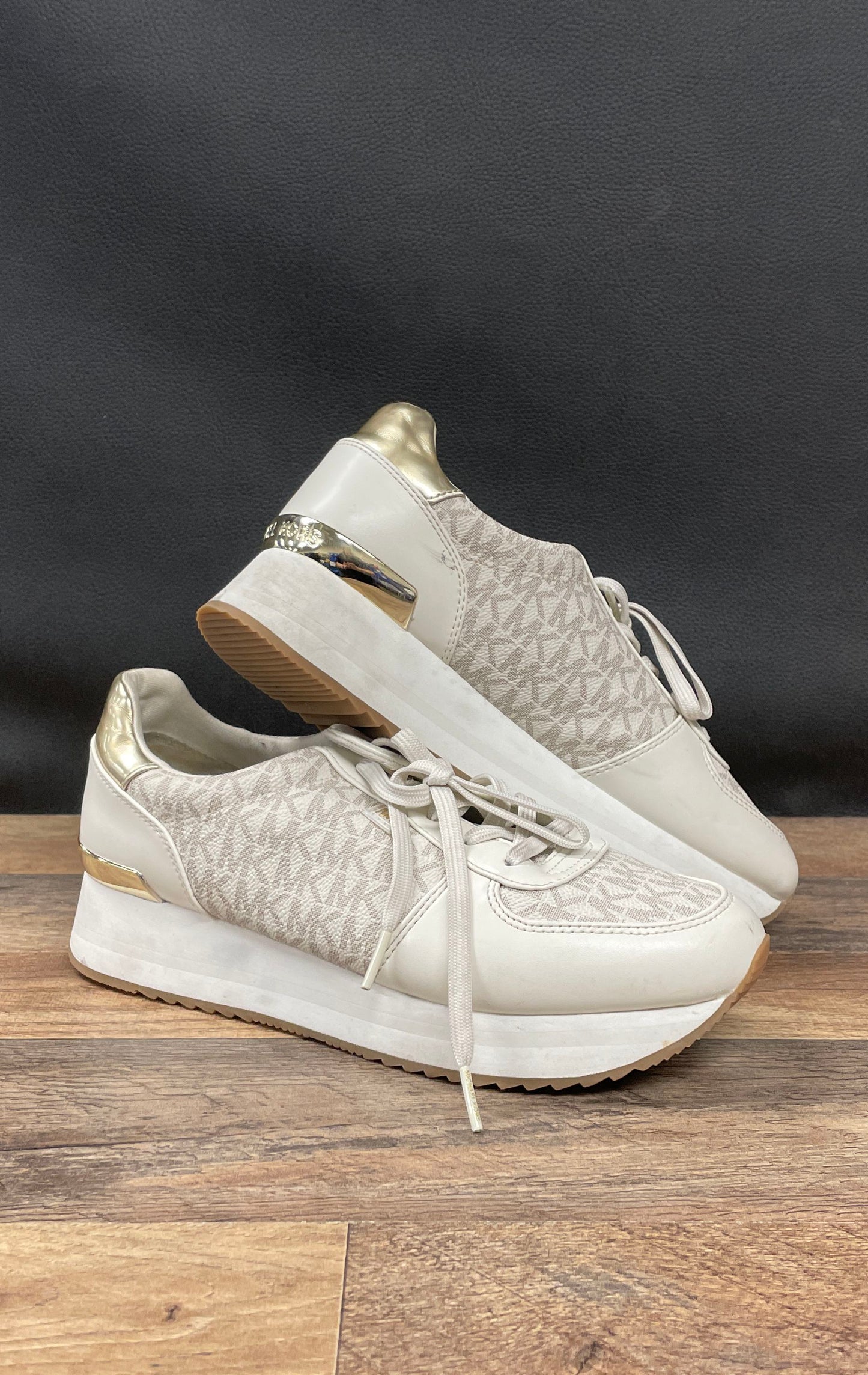 Michael Kors Monique MK Logo White Gold Platform Trainer Sneakers Size 9.5