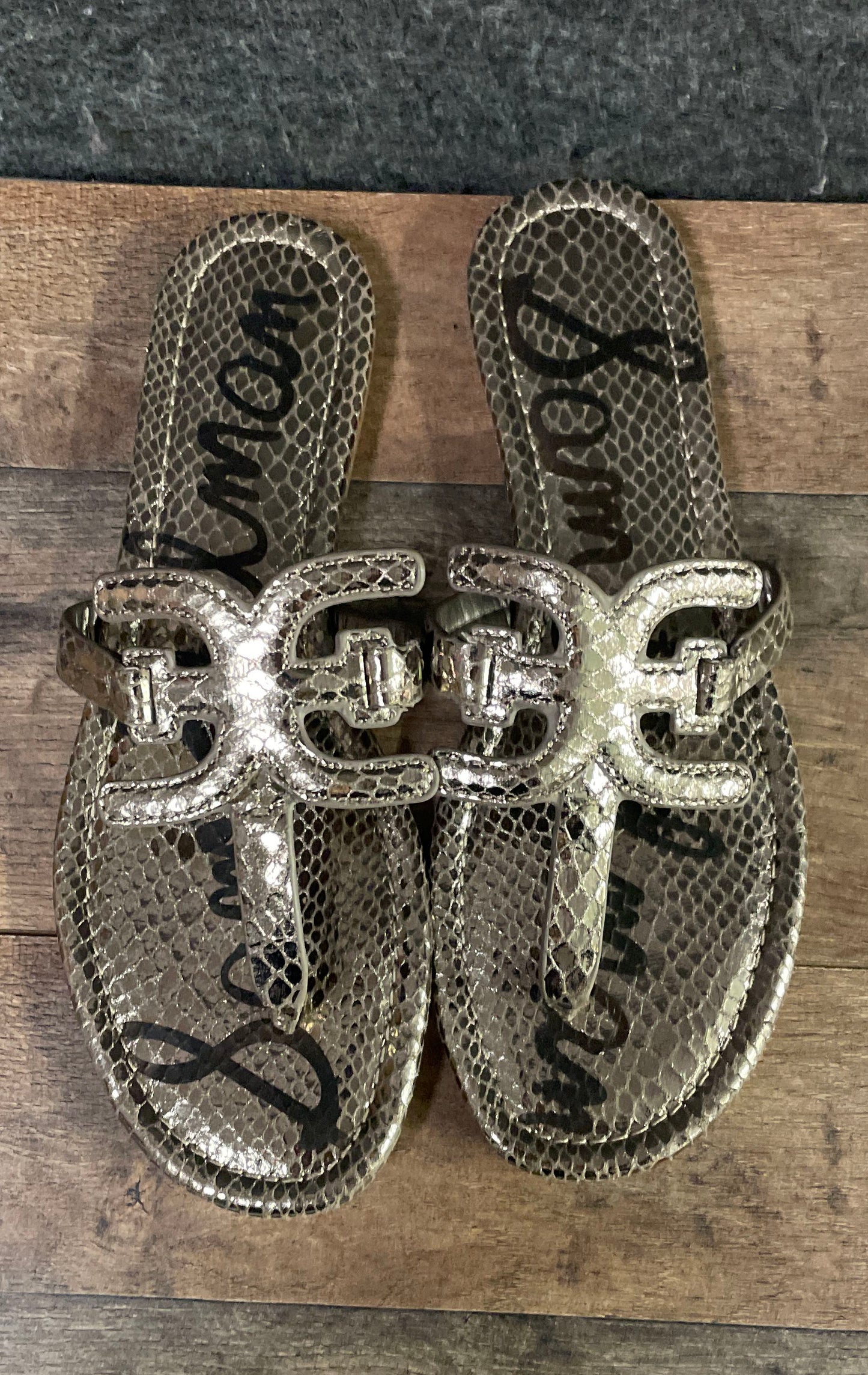 Sam Edelman Snakeskin Print Silver Metallic Double E Thong Sandals Size 8