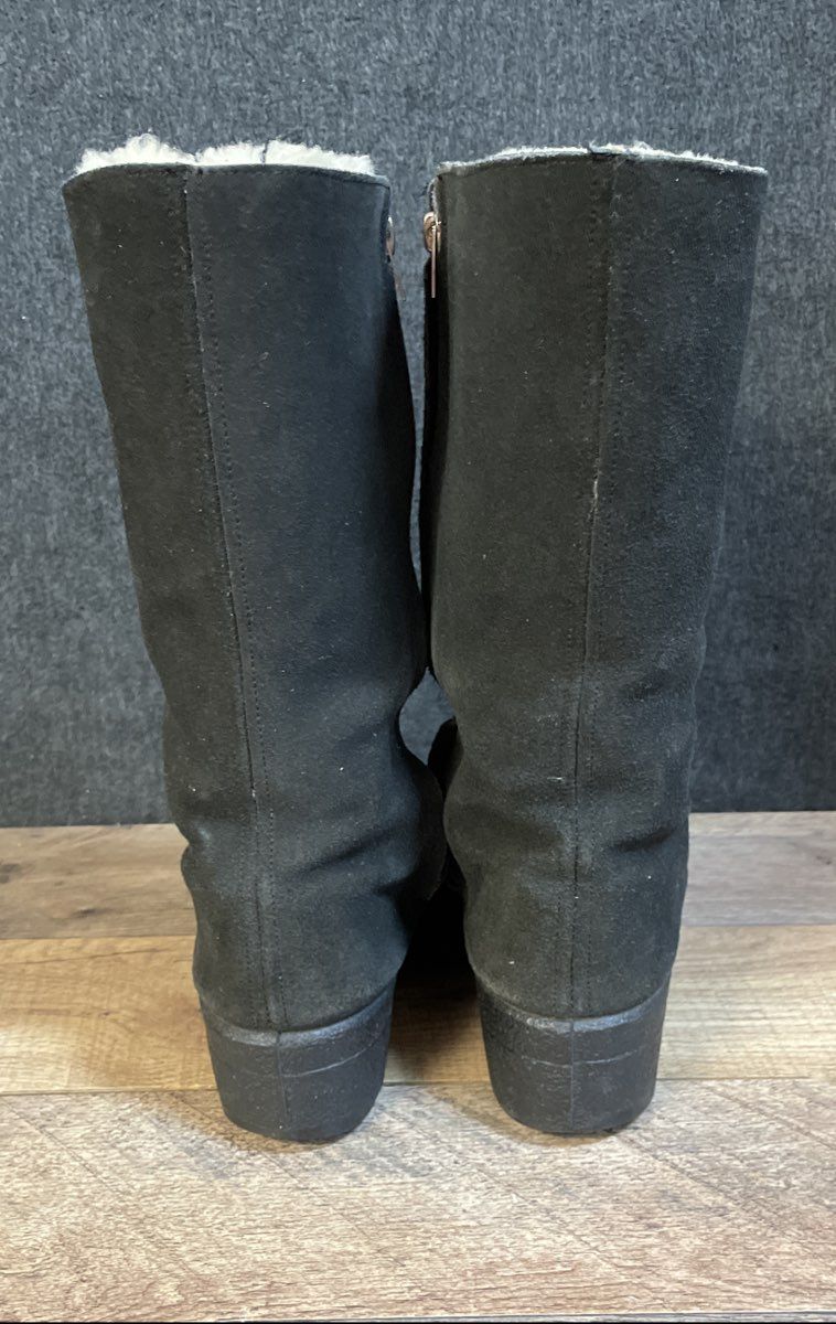 Vintage Made in England Black Suede Sheepskin Lined Mid Calf Boots Size UK 4