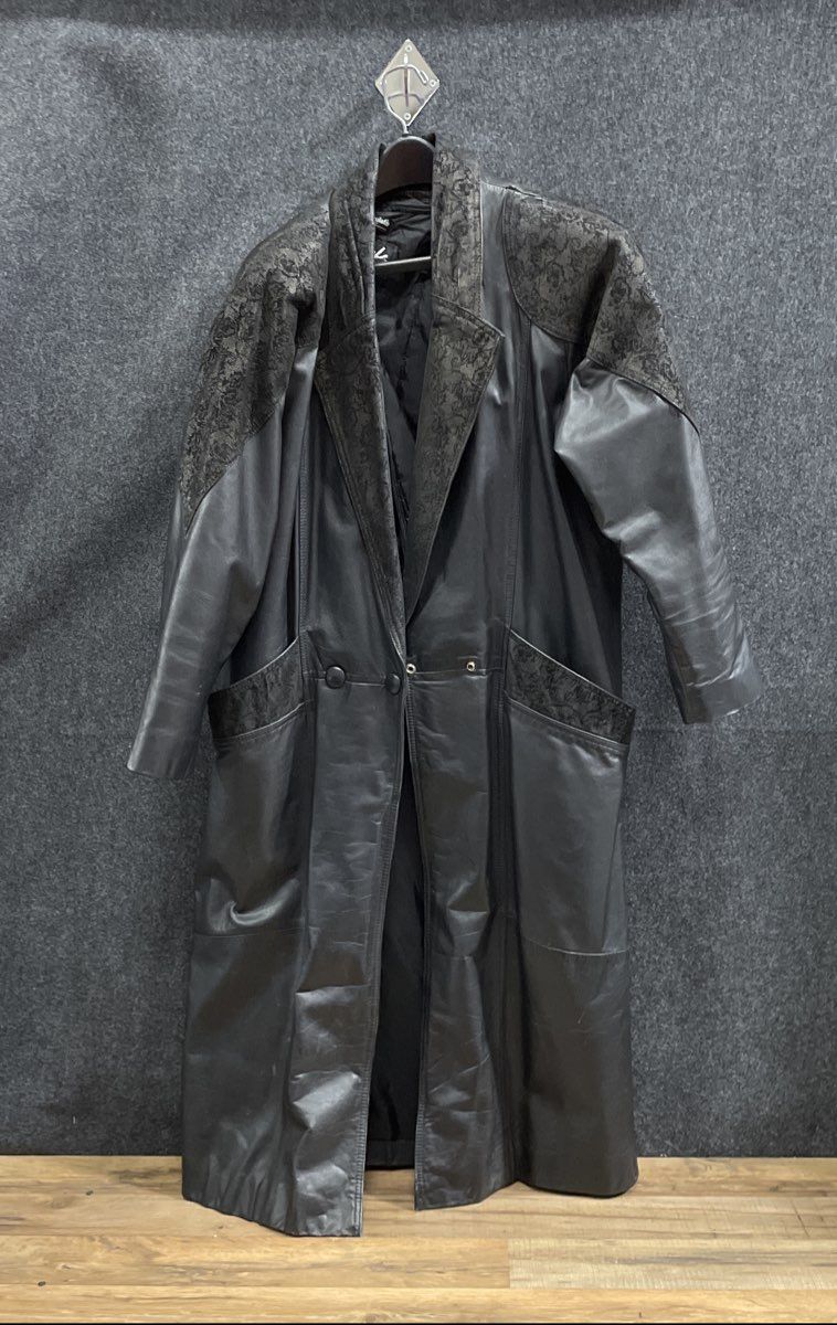 Winlit Women's Vintage 80s Black Leather Brocade Trench Coat Jacket Duster L