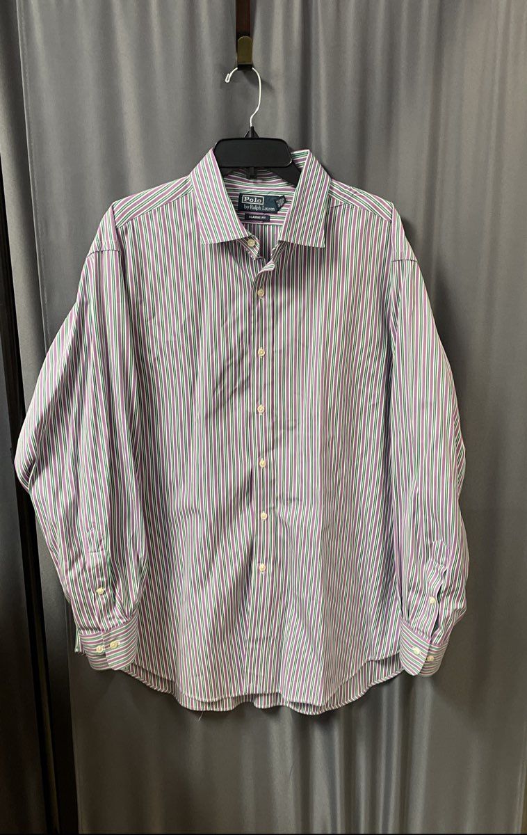 Polo Ralph Lauren Men's Purple Green Striped Classic Fit Dress Shirt Sz 18 34/35