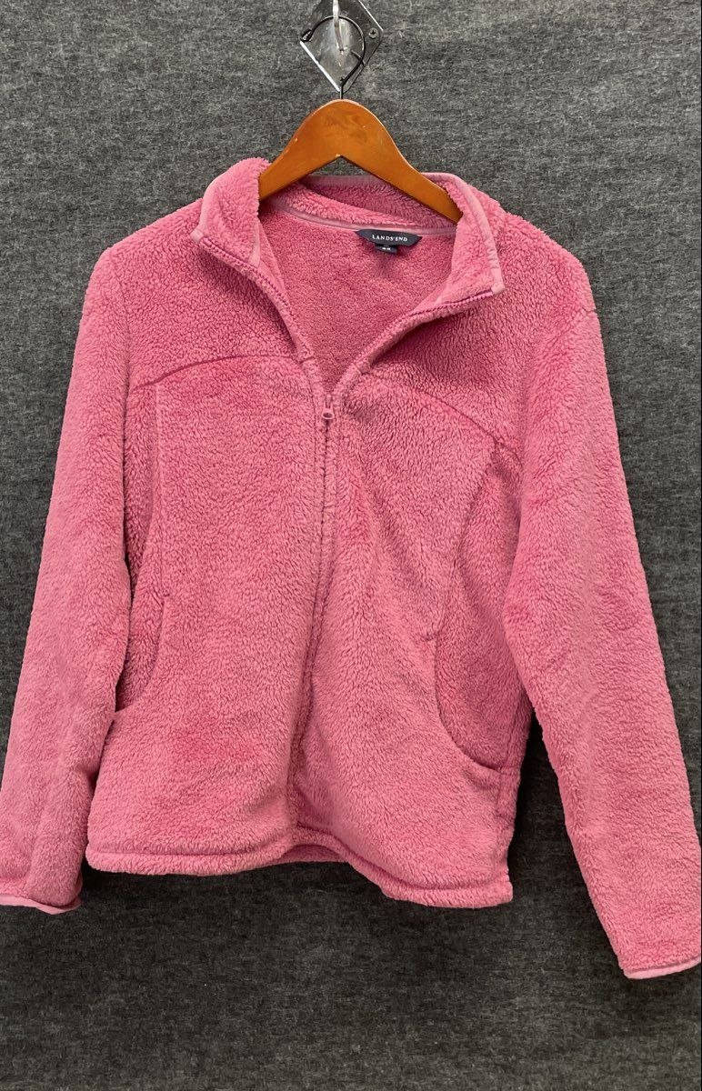 Lands' End Women's Pink Full Zip Fuzzy High Pile Fleece Jacket Sz M 10-12