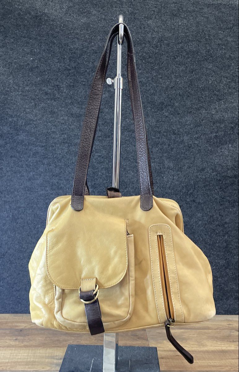 Sophia Visconti Cream Leather Multi Pocket Shoulder Bag Tote Brown Trim