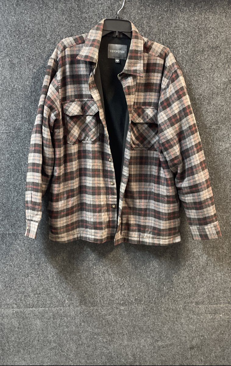 Covington Men's Gray Black Red Plaid Fleece Lined Flannel Shirt Jacket Sz L