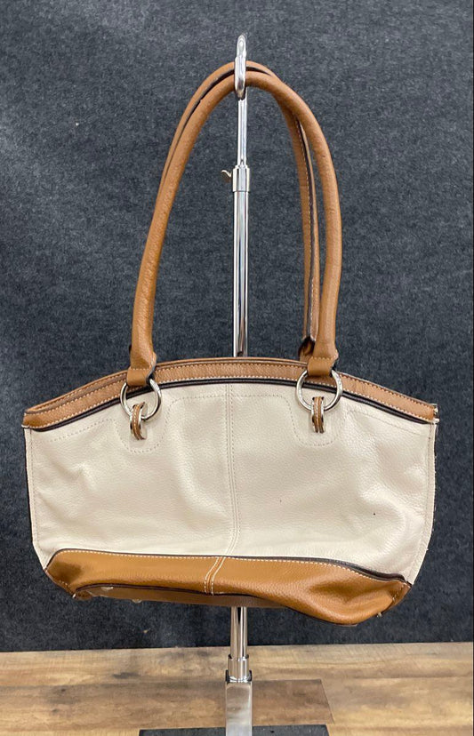 Tignanello White Brown Pebbled Leather Shoulder Tote Bag Silver Hardware
