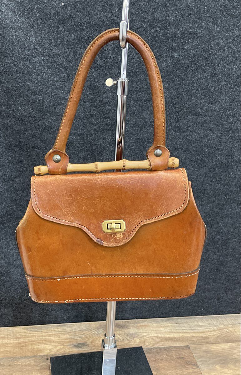 Vintage Brown Leather Satchel Handbag with Bamboo Accent Brass Turn Lock
