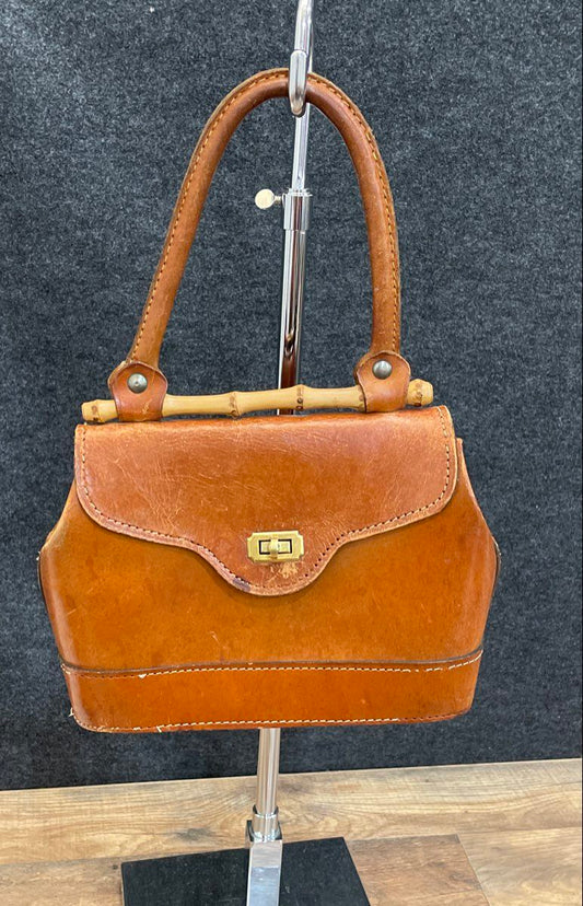 Vintage Brown Leather Satchel Handbag with Bamboo Accent Brass Turn Lock