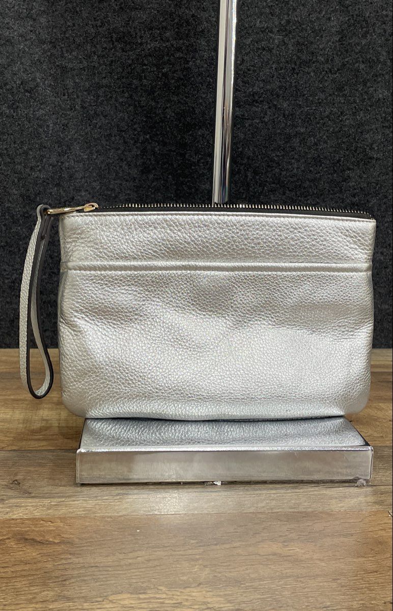 Aimee Kestenberg Silver Pebbled Leather Money Bag Large Wristlet Clutch Pouch