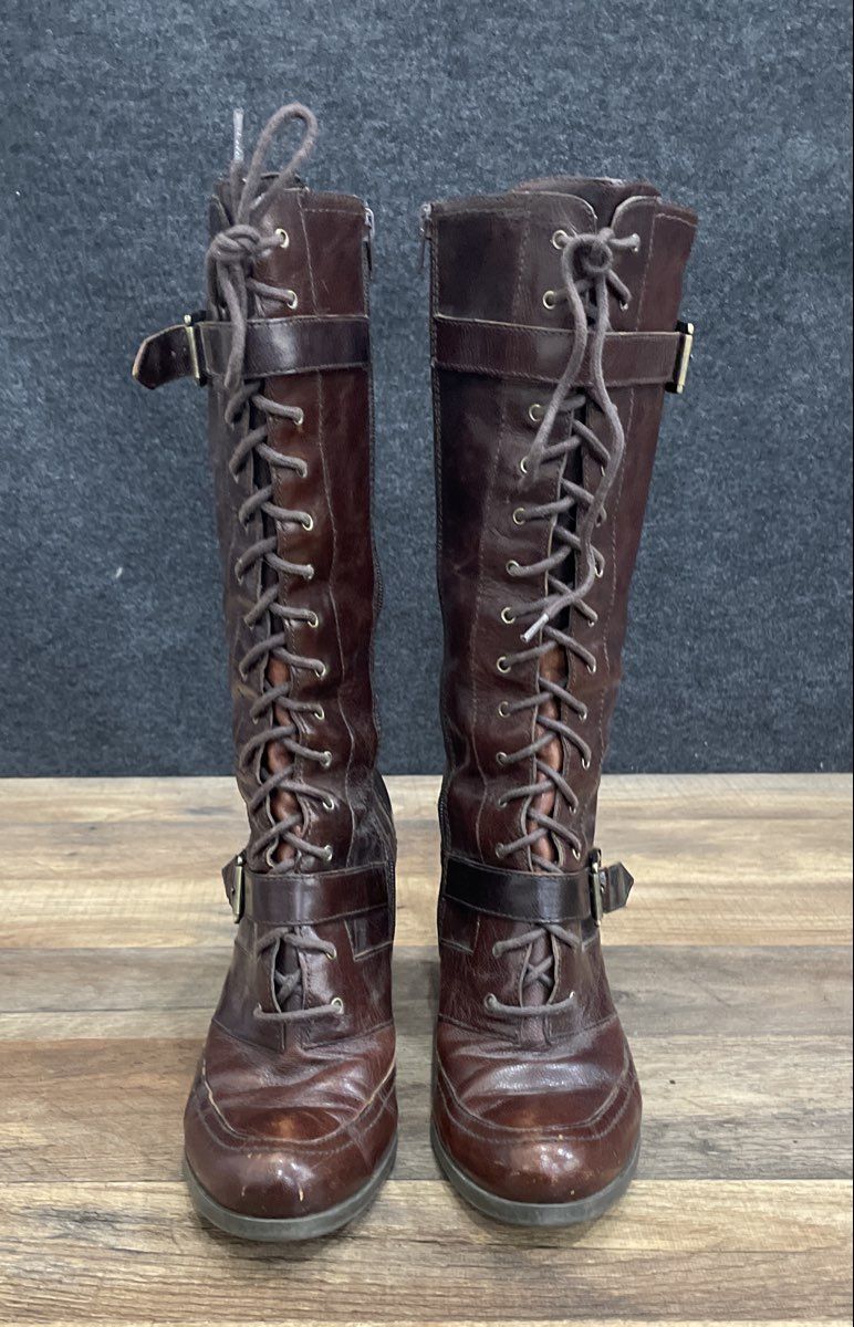 Nine West Rockell Dark Brown Leather Knee High Boots Size 9.5