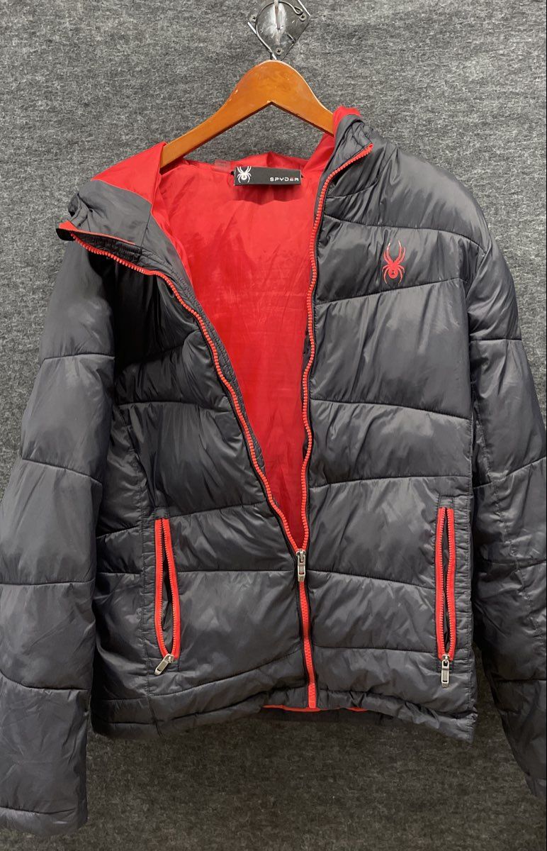 Spyder Men's Black Red Hooded Puffer Jacket Full Zip Insulated Size M