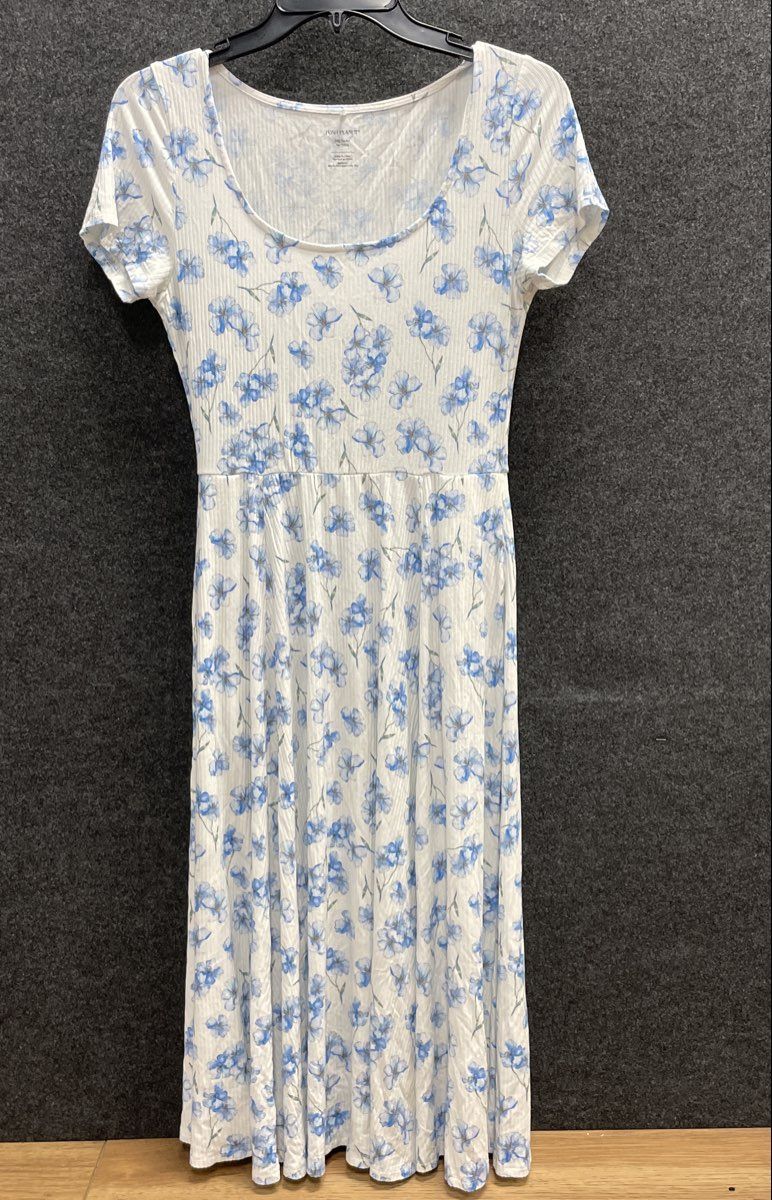 Posh Peanut Women's White Blue Floral Ribbed Short Sleeve Midi Dress Sz M