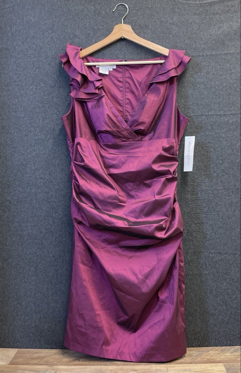 Maggy London Women's Purple Ruffled Metallic Sheen Ruched V-Neck Dress Sz 16 NWT