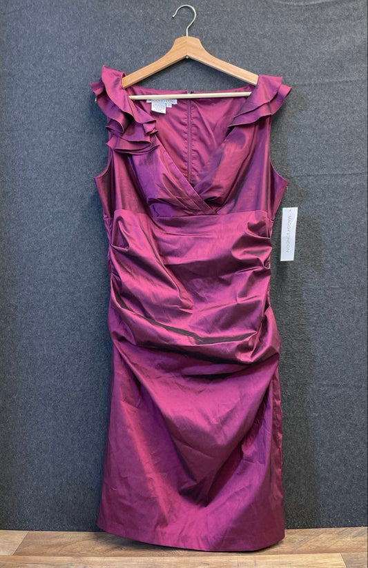 Maggy London Women's Purple Ruffled Metallic Sheen Ruched V-Neck Dress Sz 16 NWT