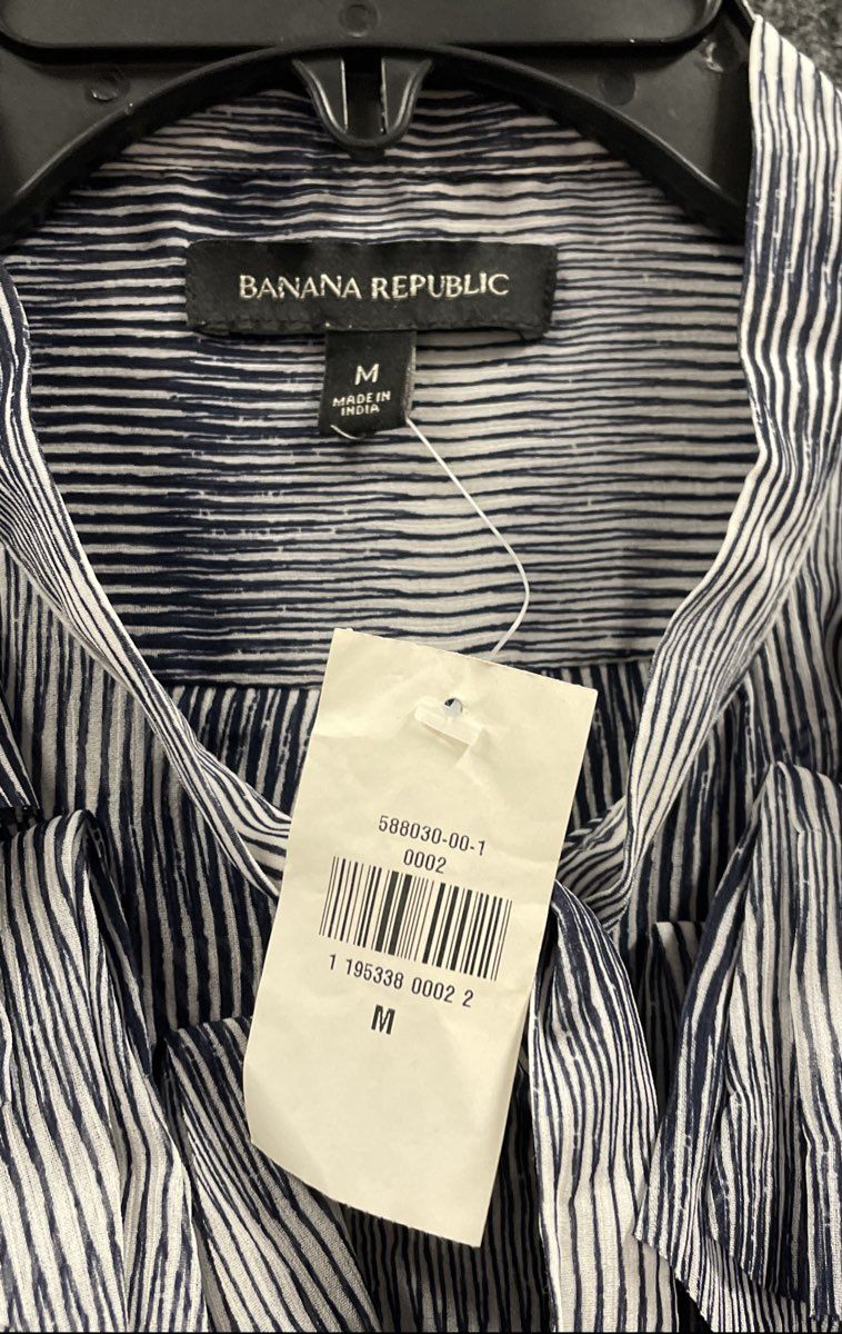 Banana Republic Women's Blouse Blue White Stripe Ruffle Tie Neck Size M
