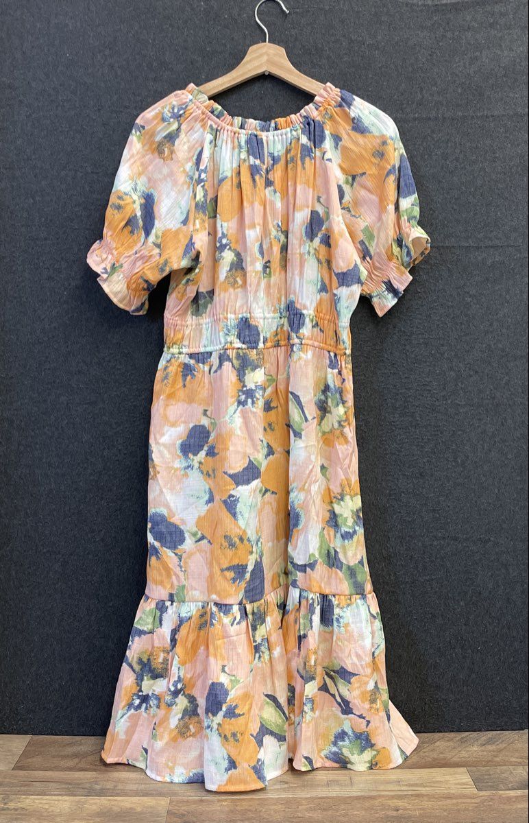Wonderly Women's Navy Blur Floral Midi Dress Puff Sleeve Tiered NWT Sz M