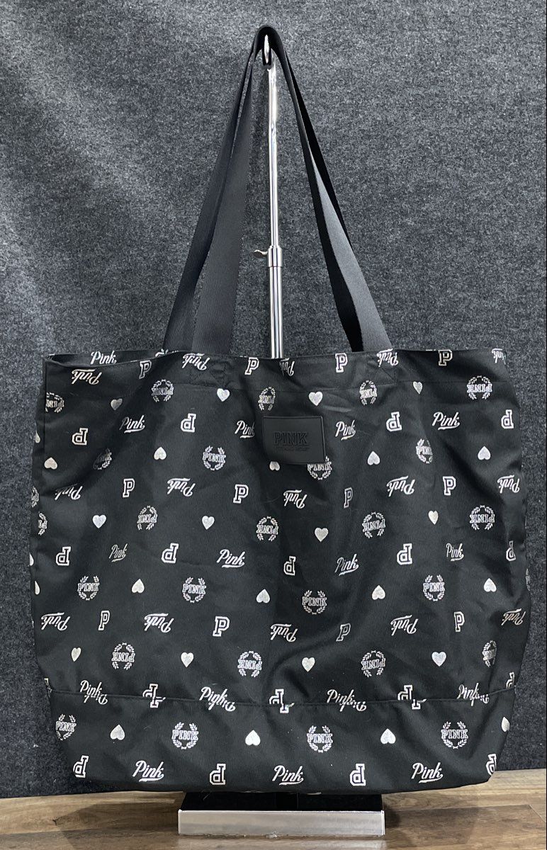 Victoria's Secret PINK Black Silver Logo Heart Print Fabric Tote Bag Large