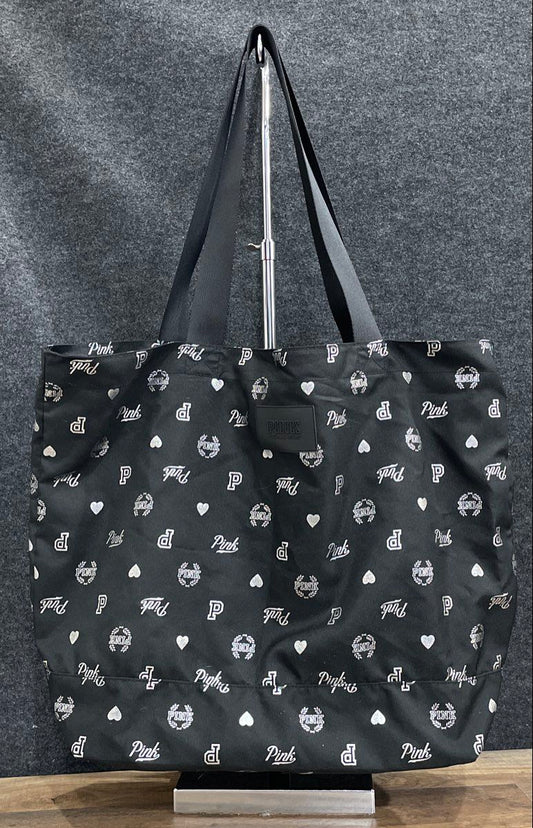 Victoria's Secret PINK Black Silver Logo Heart Print Fabric Tote Bag Large
