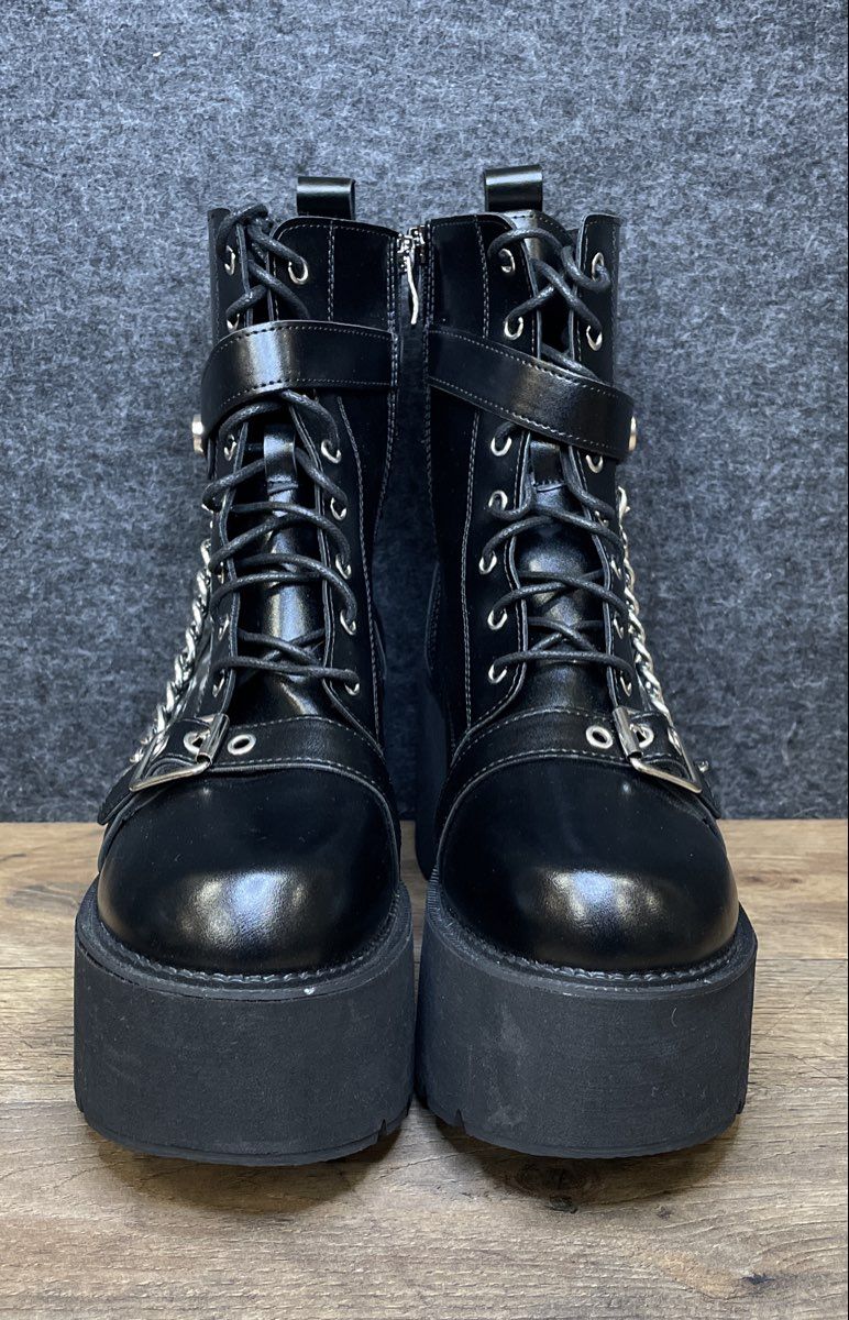 Black Platform Combat Boots Kids Girls Youth Chain Buckle Goth Punk Size Kids