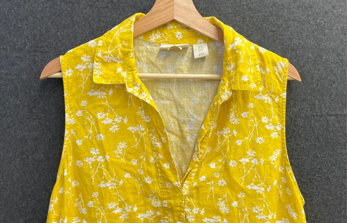 Cynthia Rowley Women's Yellow Floral 100% Linen Sleeveless Shift Dress Size 14