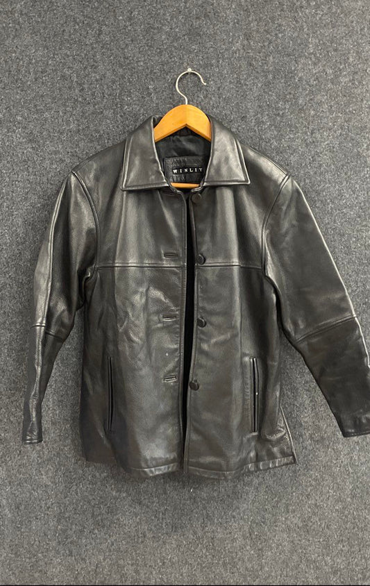 Vintage 90s Winlit Women's Black Leather Button Front Car Coat Jacket Sz S