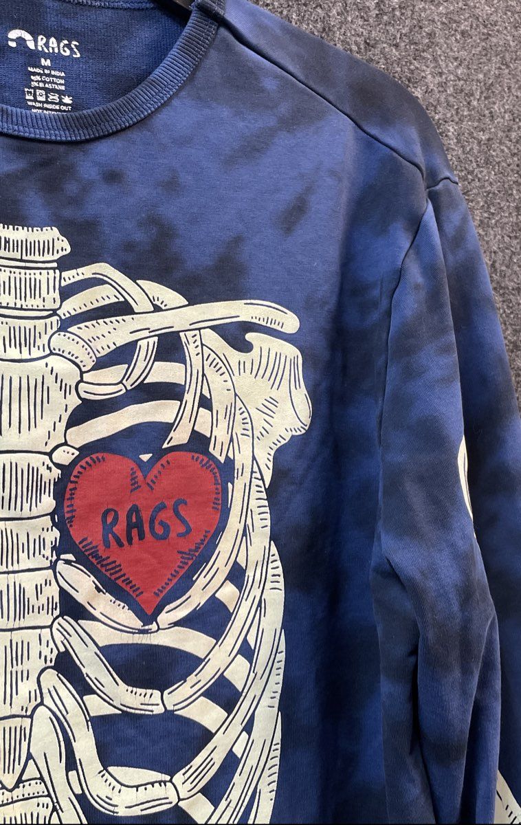 Rags Blue Tie Dye Skeleton Graphic Sweatshirt Ribs Heart Sz M