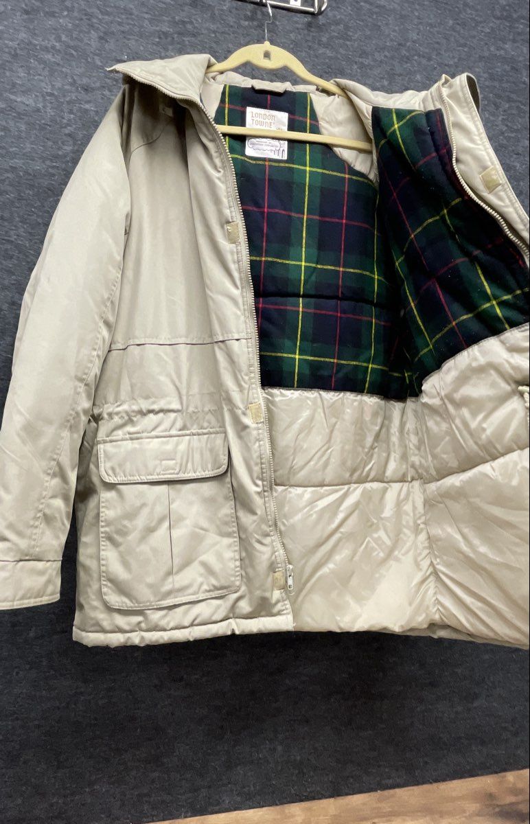 Vintage 80s London Towne Tan Plaid Lined Hooded Parka Jacket Sz XL Long