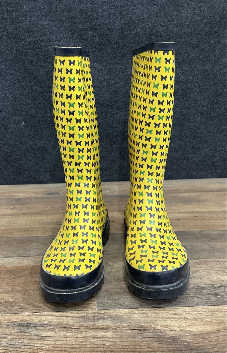 Rampage Yellow Butterfly Print Tall Rubber Rain Boots Women's Size 8