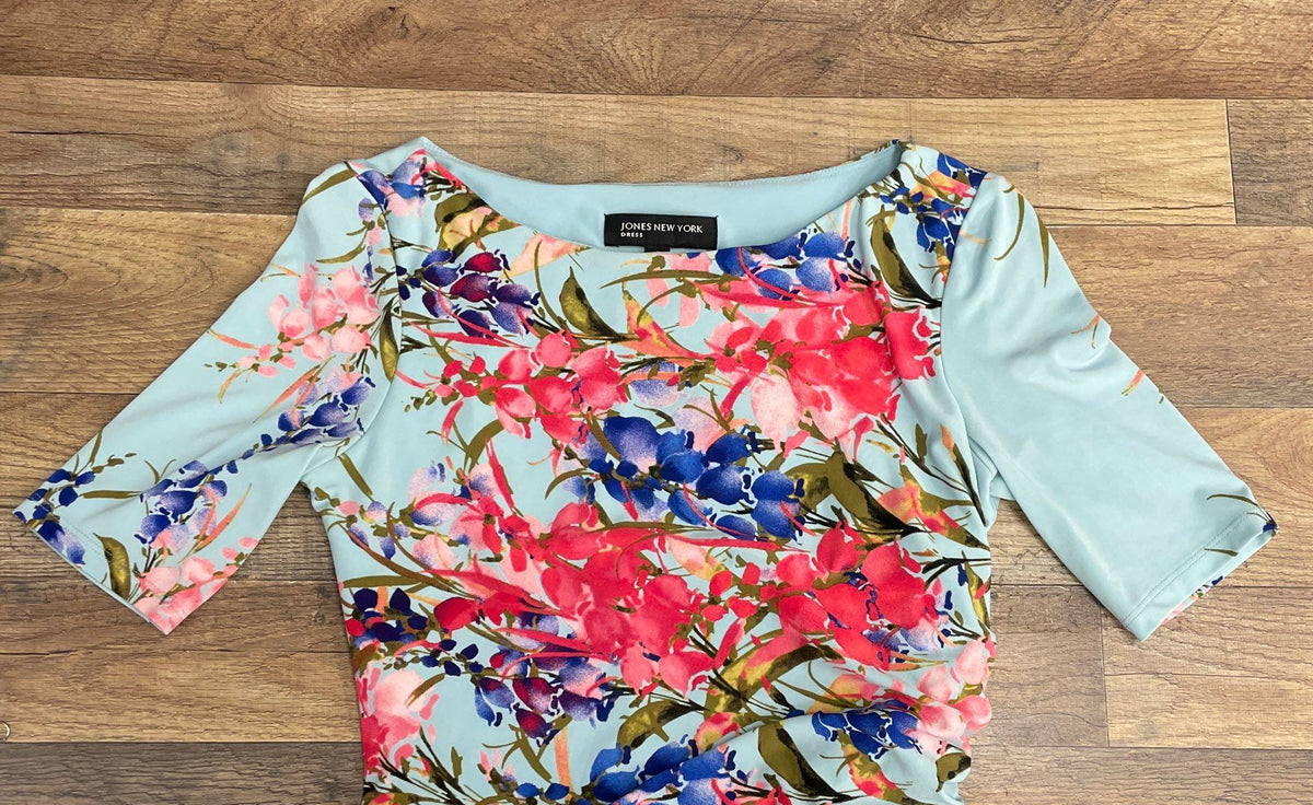 Jones New York Women's Floral Ruched Side Sheath Dress Blue Pink Sz 4