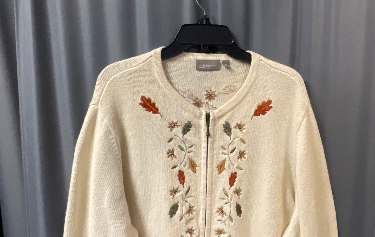 Croft & Barrow Women's Cream Embroidered Autumn Leaves Cardigan Sz 2X