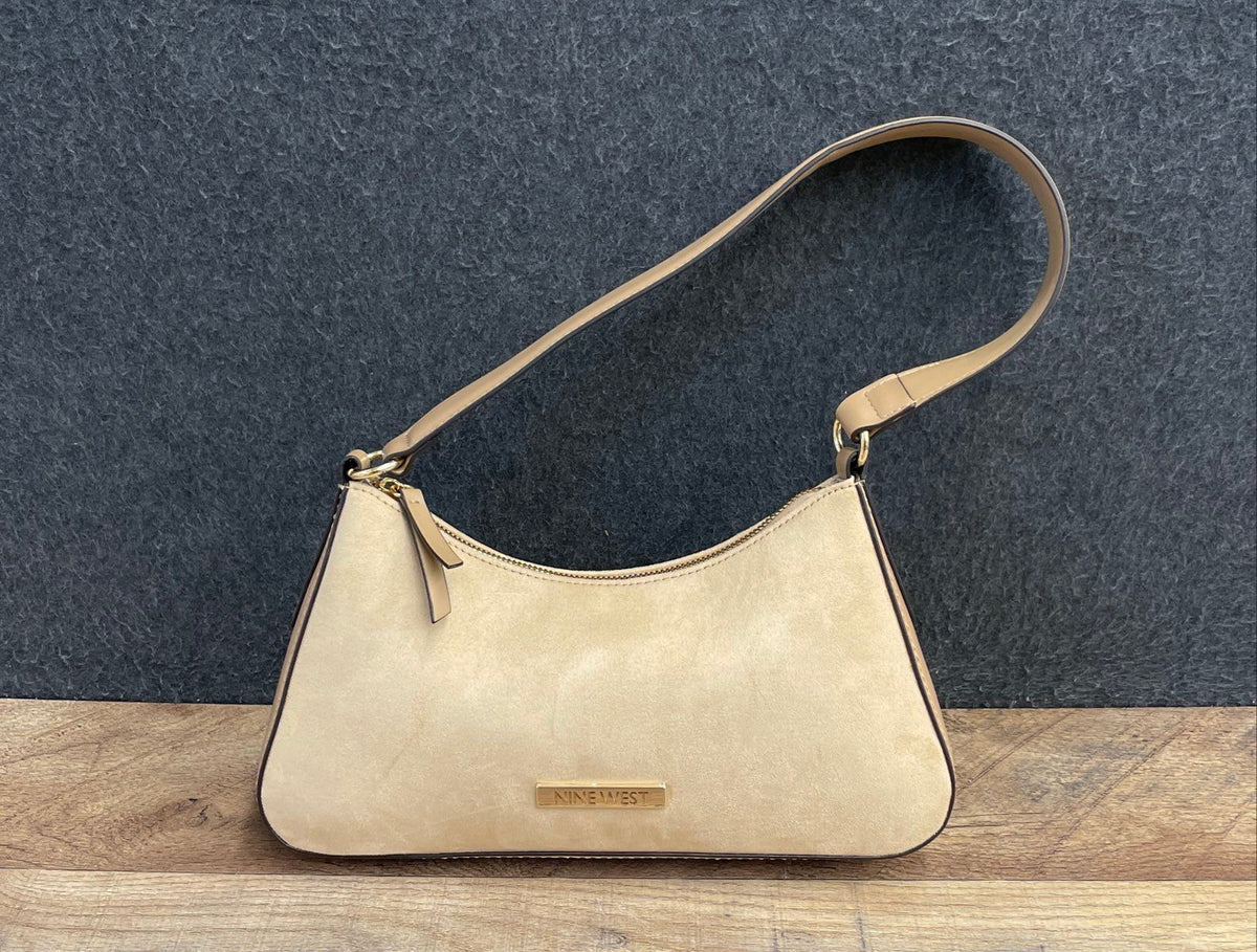 Nine West Tan Faux Suede Shoulder Bag Handbag Gold Hardware Purse