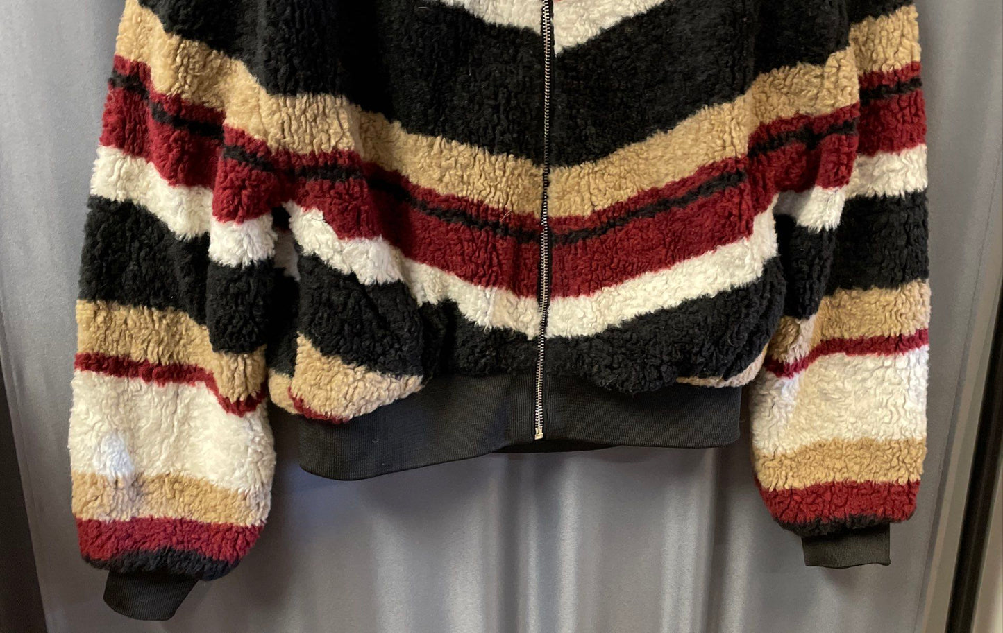 Bershka Women's Striped Zip Up Fuzzy Sherpa Jacket Ring Pull Bomber Sz S