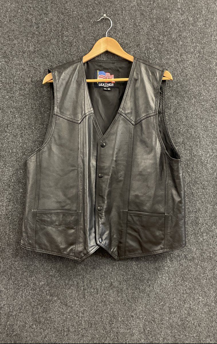 USA Leather Men's Black Eagle Patch Biker Vest Western Snap Front Sz 3XL