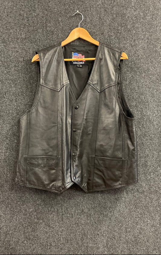 USA Leather Men's Black Eagle Patch Biker Vest Western Snap Front Sz 3XL