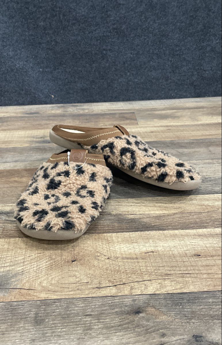 Lands' End Women's Leopard Sherpa Fleece Lined Mule Slippers Size 7B