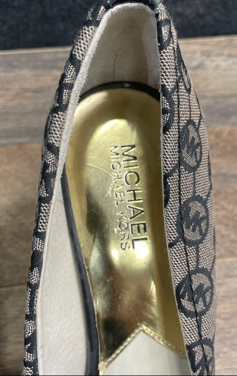 Michael Kors Black Beige Monogram Logo Canvas Peep Toe Wedge Pumps Size 9