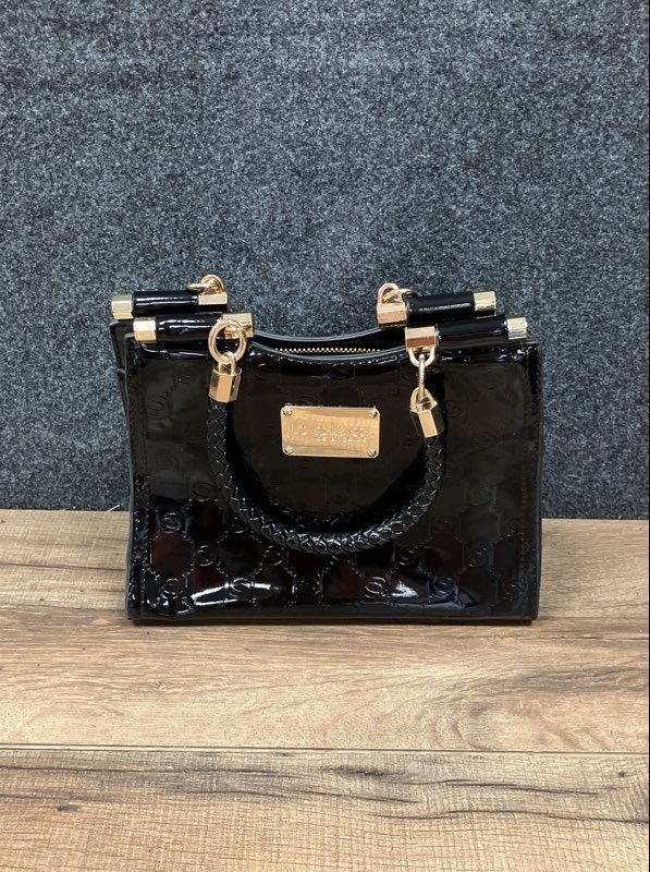Bebe Black Patent Embossed Logo Satchel Handbag Gold Tone Hardware