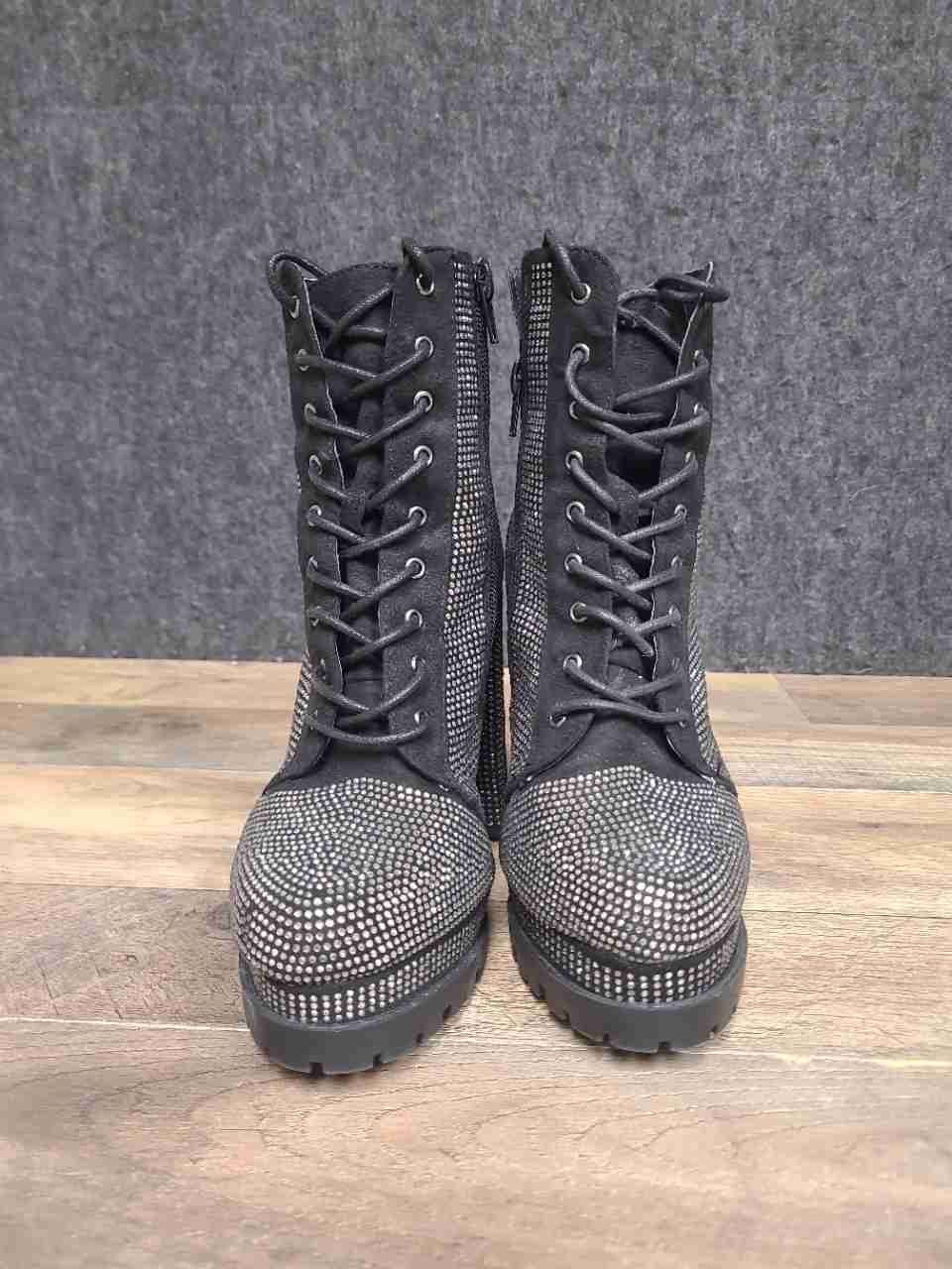 Steve Madden Dashing Black Rhinestone Platform Block Heel Ankle Boots Size 7.5