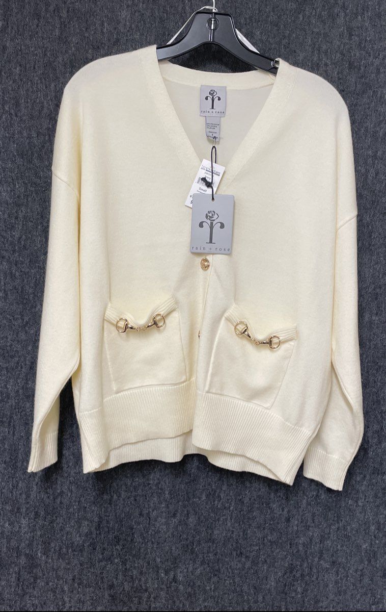Rain + Rose Women's Cream Knitted Cardigan Ivory Gold Bit Hardware Sz S NWT