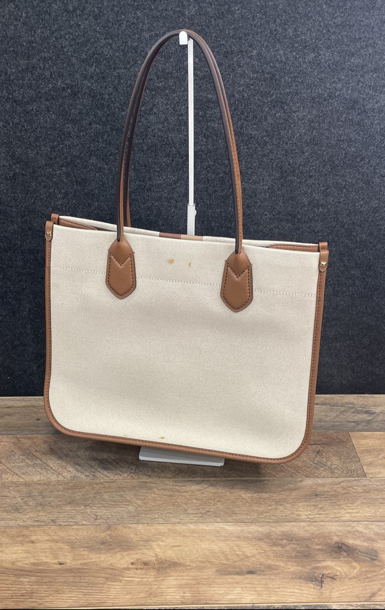Michael Kors Cream Tan Striped Canvas Leather Tote Handbag Bag Gold Hardware